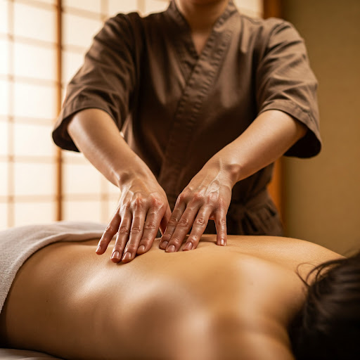 Therapist performing stress relief upper back massage at Mt Fuji Massage Omaha – focused on reducing shoulder and neck tension.
